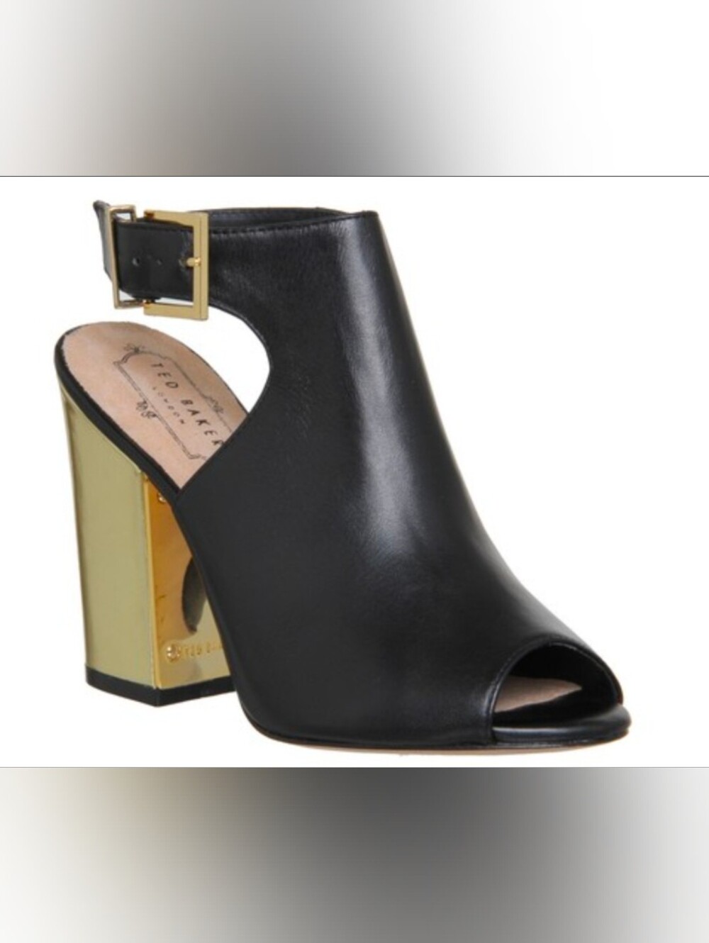 Ted Baker Black Leather Open-Peep Toe Block Heel Sandal Size 39.5